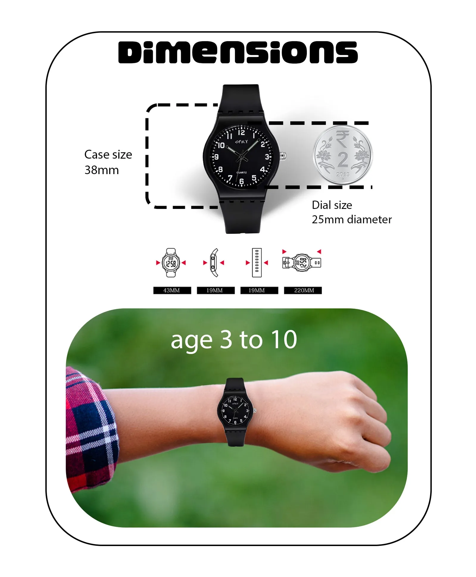 Spiky Round Analogue Kids Watch - Black