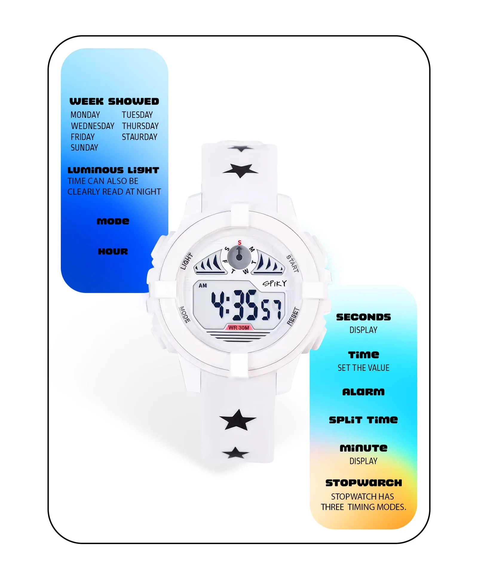 Spiky Round Digital Sports Watch - Black