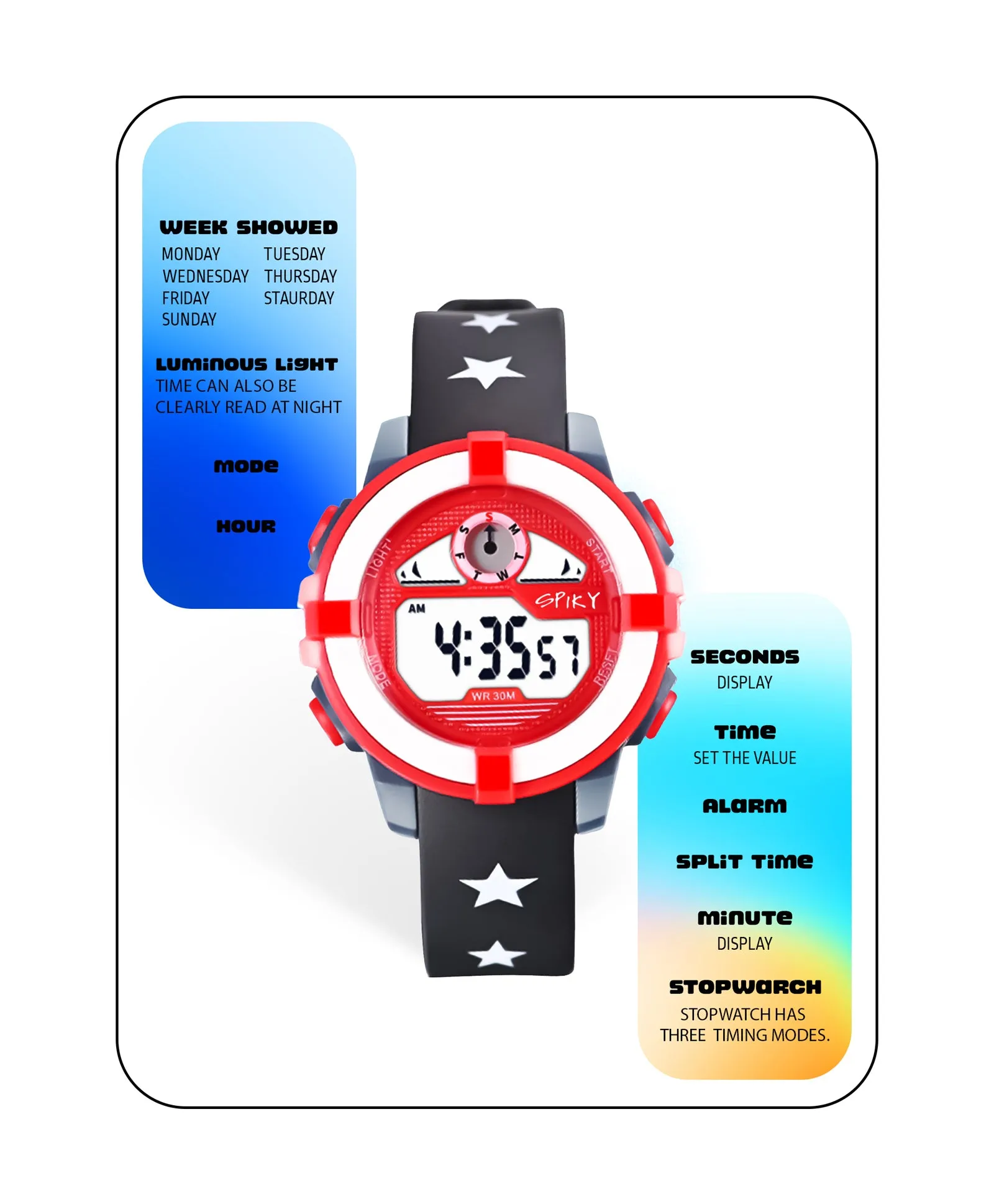 Spiky Round Digital Sports Watch - Black