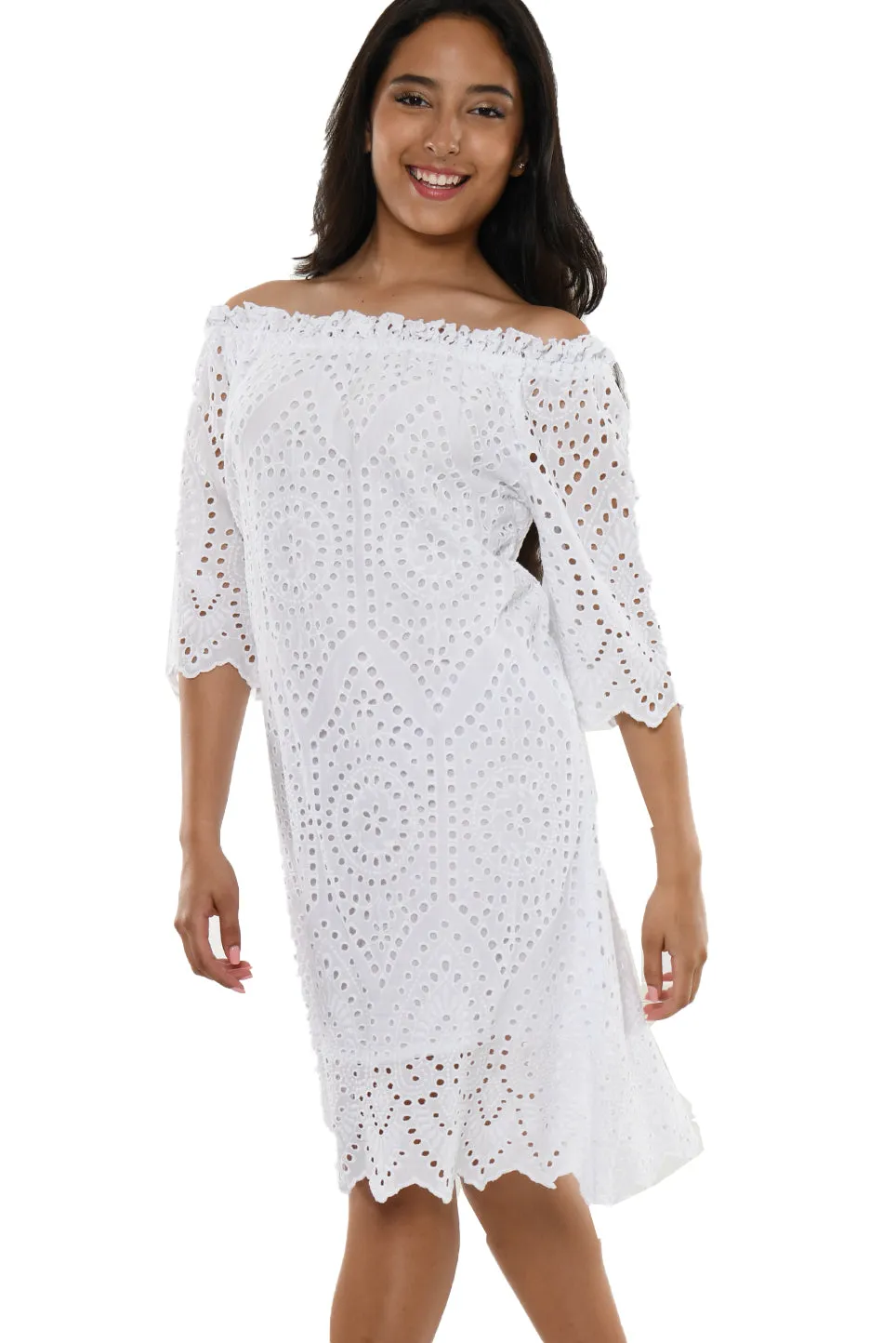 Summer Off-The-Shoulder Eyelet Dress Knee Length - LCD247