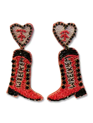 Texas Tech Dark Horse "Heart & Boot" Beaded Earrings