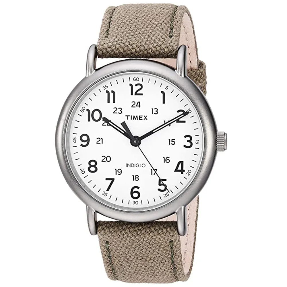 Timex Mens Weekender White Dial Beige Band Leather Quartz Watch - 3C8440