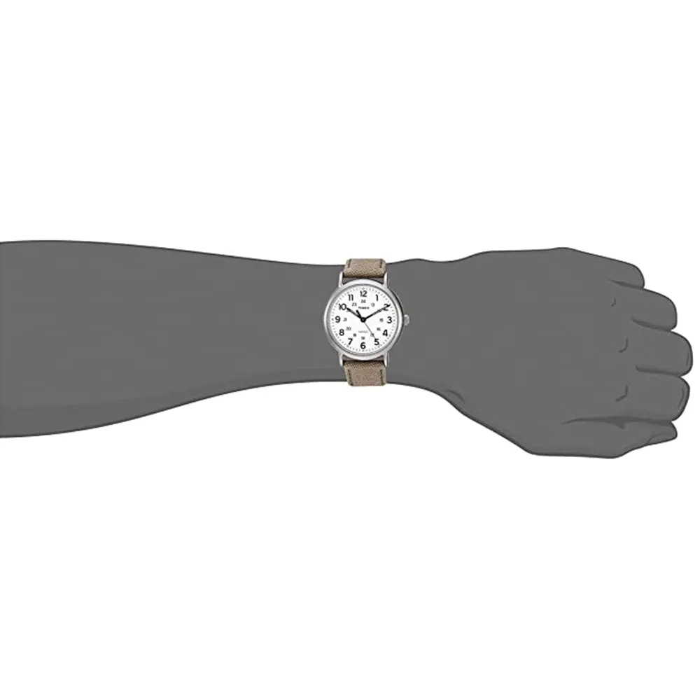 Timex Mens Weekender White Dial Beige Band Leather Quartz Watch - 3C8440
