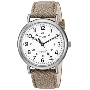 Timex Mens Weekender White Dial Beige Band Leather Quartz Watch - 3C8440