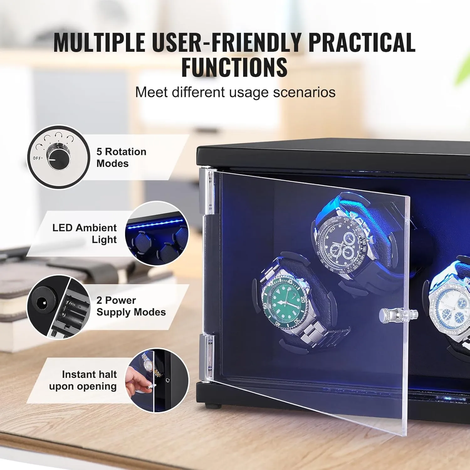 VEVOR Watch Winder, Rotating Watch Box for High-End Automatic Watches, 4 Watch Winder Case with Quiet Japanese Motors, LED Light, Adjustable Direction and Speed, Multi Modes