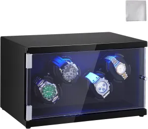 VEVOR Watch Winder, Rotating Watch Box for High-End Automatic Watches, 4 Watch Winder Case with Quiet Japanese Motors, LED Light, Adjustable Direction and Speed, Multi Modes