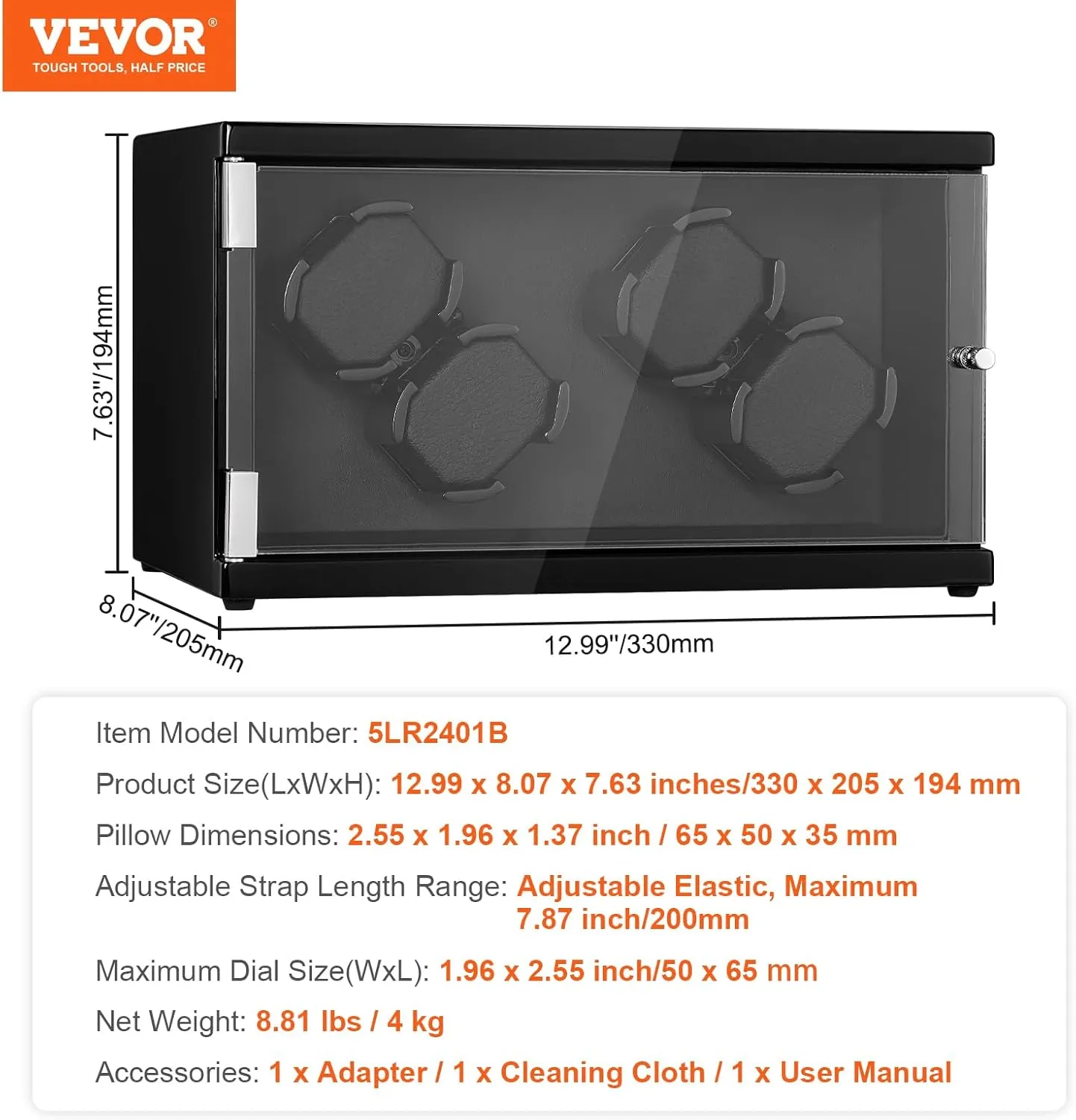 VEVOR Watch Winder, Rotating Watch Box for High-End Automatic Watches, 4 Watch Winder Case with Quiet Japanese Motors, LED Light, Adjustable Direction and Speed, Multi Modes
