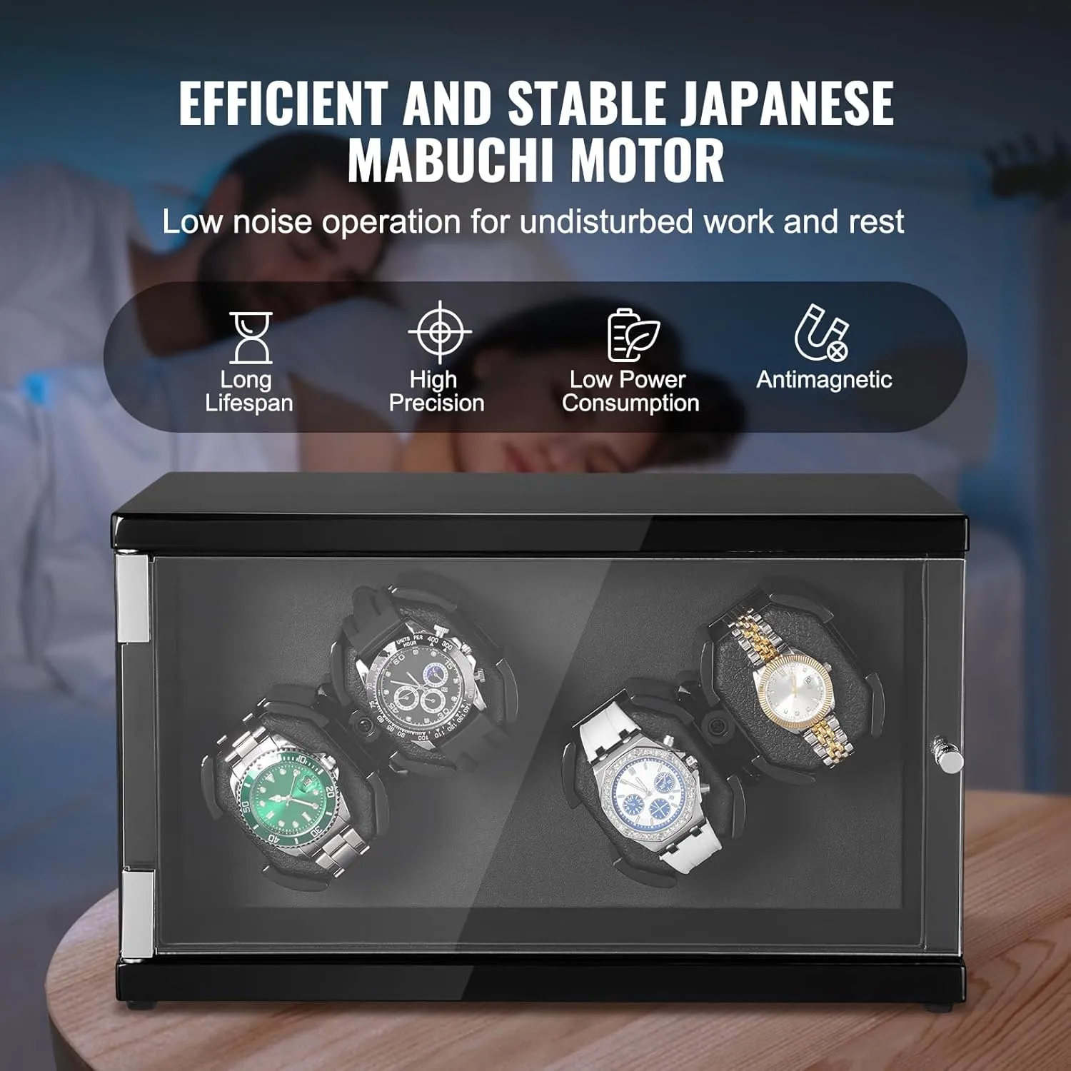 VEVOR Watch Winder, Rotating Watch Box for High-End Automatic Watches, 4 Watch Winder Case with Quiet Japanese Motors, LED Light, Adjustable Direction and Speed, Multi Modes