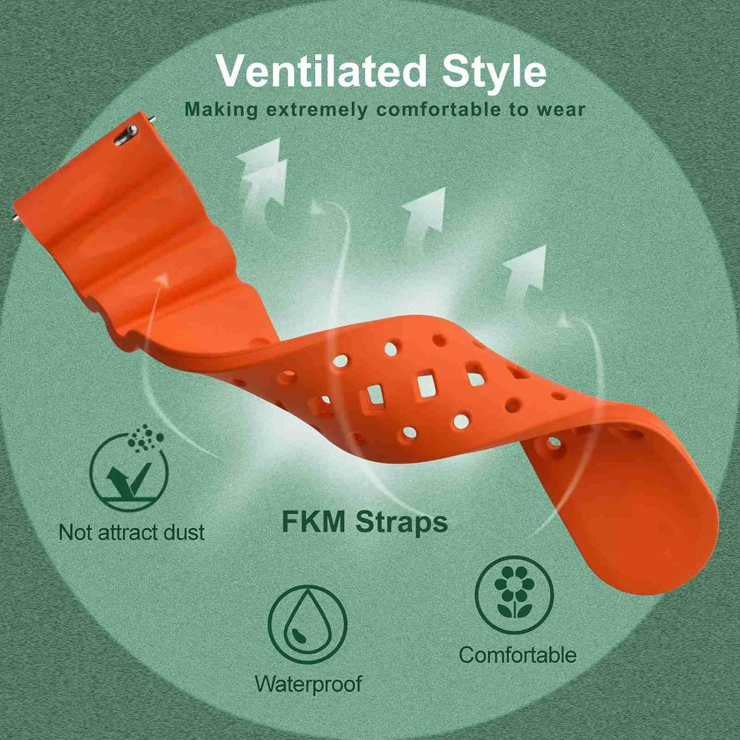 WOCCI 26mm Ventilated Watch Band for Men, FKM Rubber, Black Buckle (Pumpkin Orange)