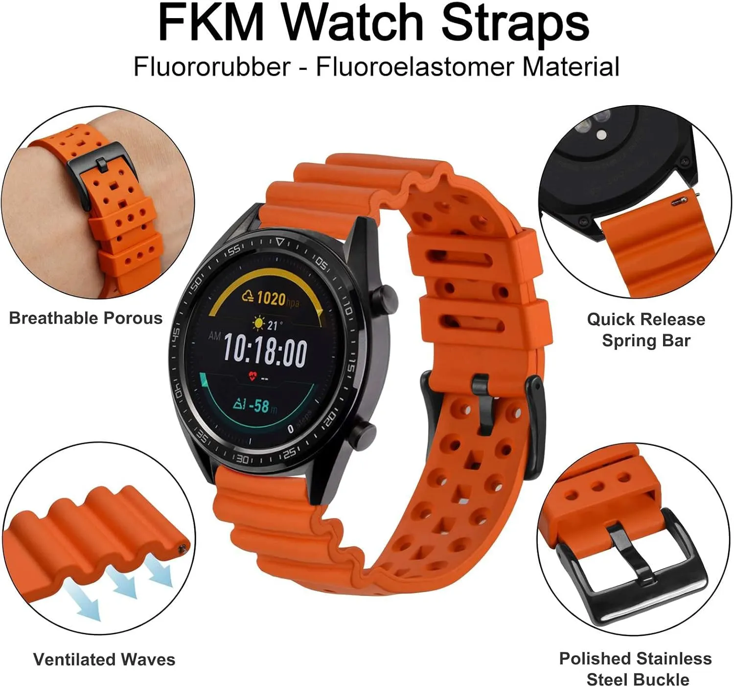 WOCCI 26mm Ventilated Watch Band for Men, FKM Rubber, Black Buckle (Pumpkin Orange)