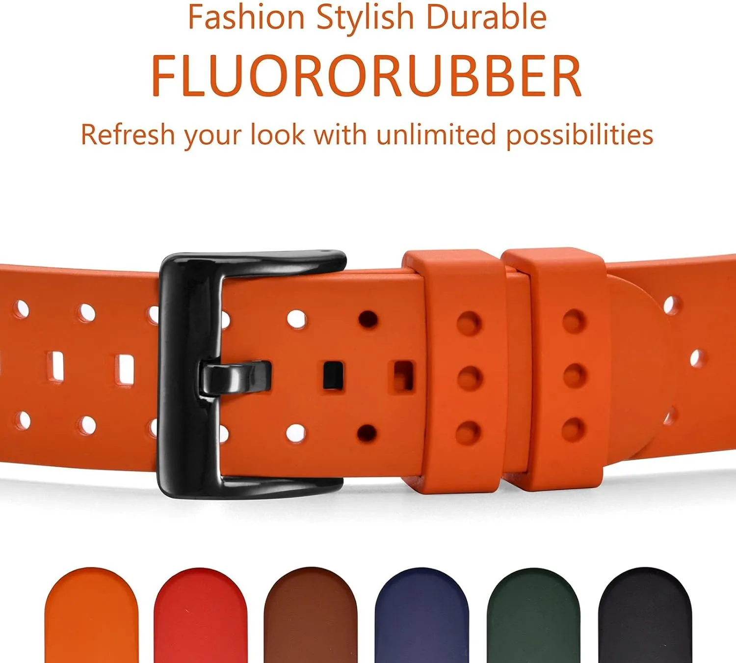 WOCCI 26mm Ventilated Watch Band for Men, FKM Rubber, Black Buckle (Pumpkin Orange)