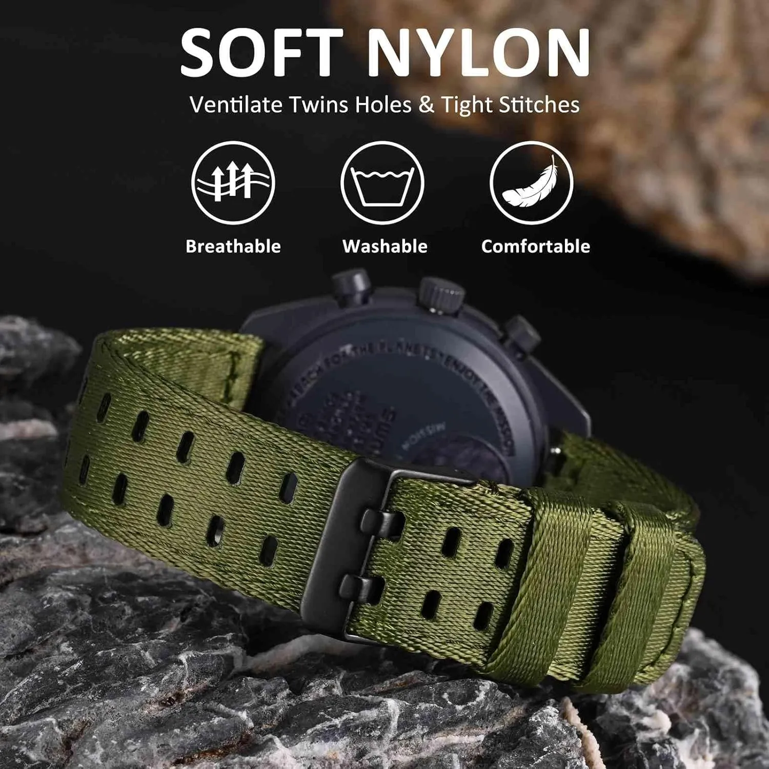 WOCCI Double Holes Nylon Watch Bands, Silky Nylon Straps, Quick Release, Compatible Watch Lug Width 18mm 20mm 22mm