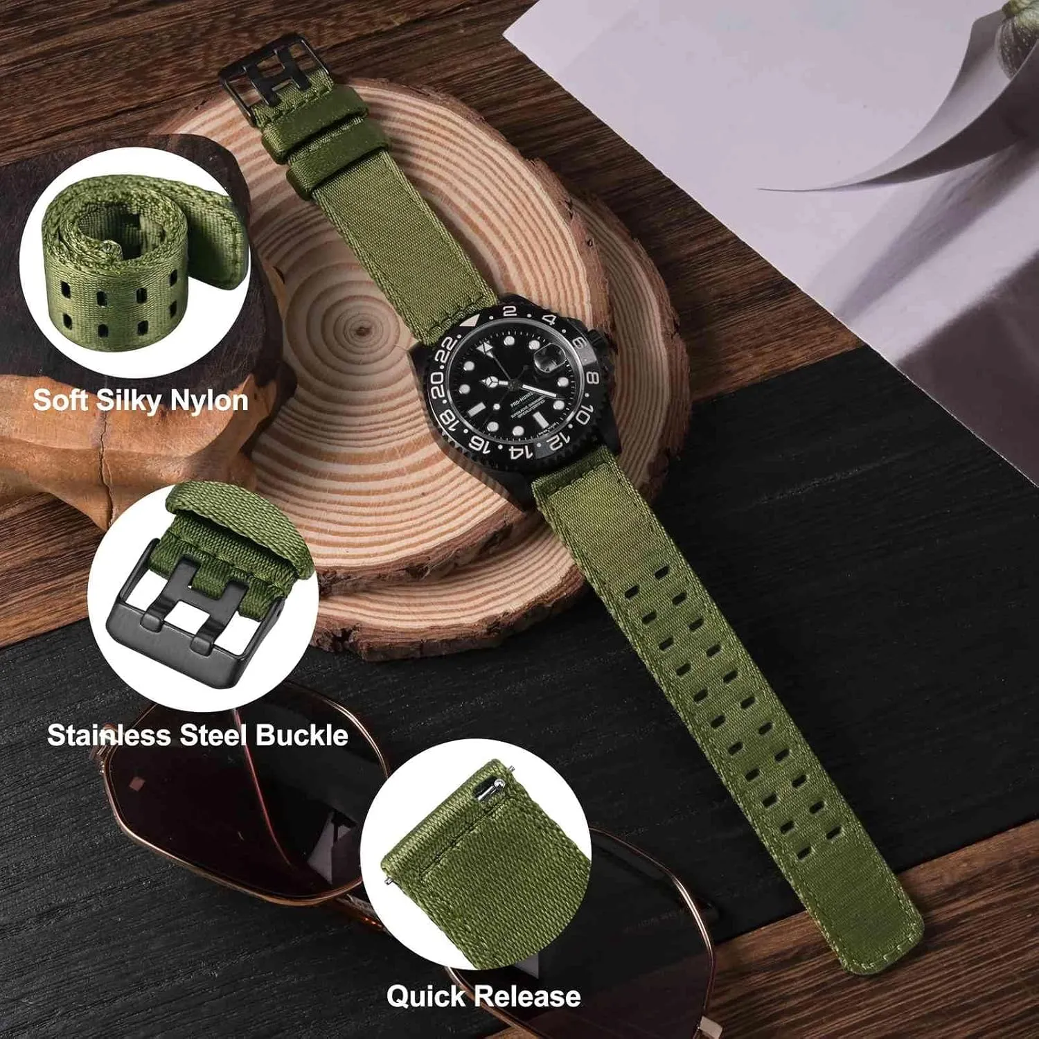 WOCCI Double Holes Nylon Watch Bands, Silky Nylon Straps, Quick Release, Compatible Watch Lug Width 18mm 20mm 22mm
