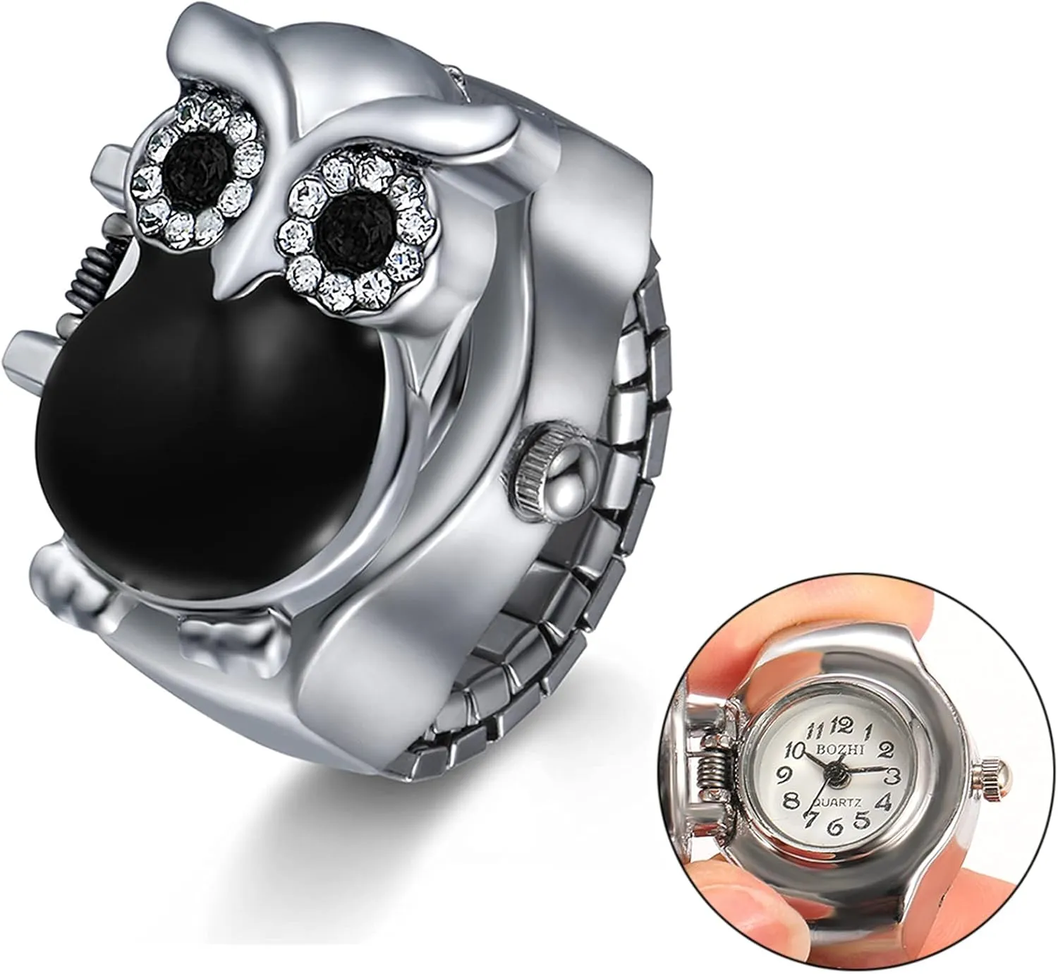 Women Owl Finger Watch Rings: 7 Colors Flip-Open Cover Quartz Analog Ring Watches Men Stainless Steel Adjustable Size Christmas Watch Gift