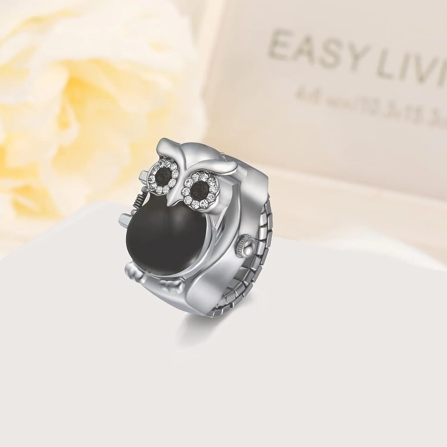 Women Owl Finger Watch Rings: 7 Colors Flip-Open Cover Quartz Analog Ring Watches Men Stainless Steel Adjustable Size Christmas Watch Gift