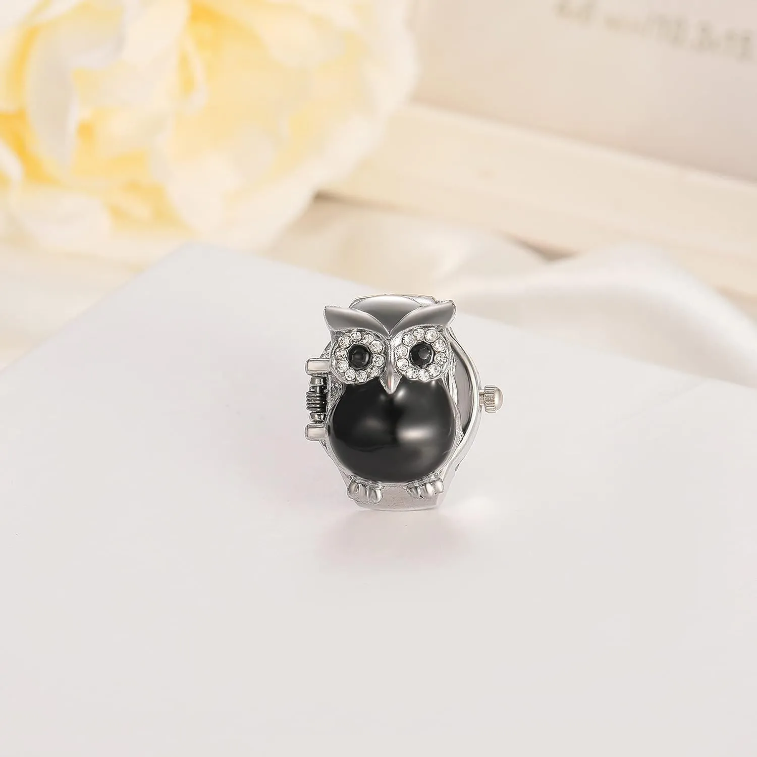 Women Owl Finger Watch Rings: 7 Colors Flip-Open Cover Quartz Analog Ring Watches Men Stainless Steel Adjustable Size Christmas Watch Gift