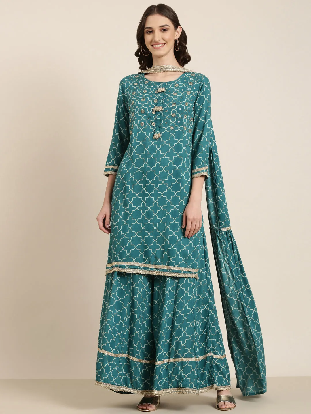 Women Teal Geometric Printed Sequinned Straight Kurta Set With Dupatta