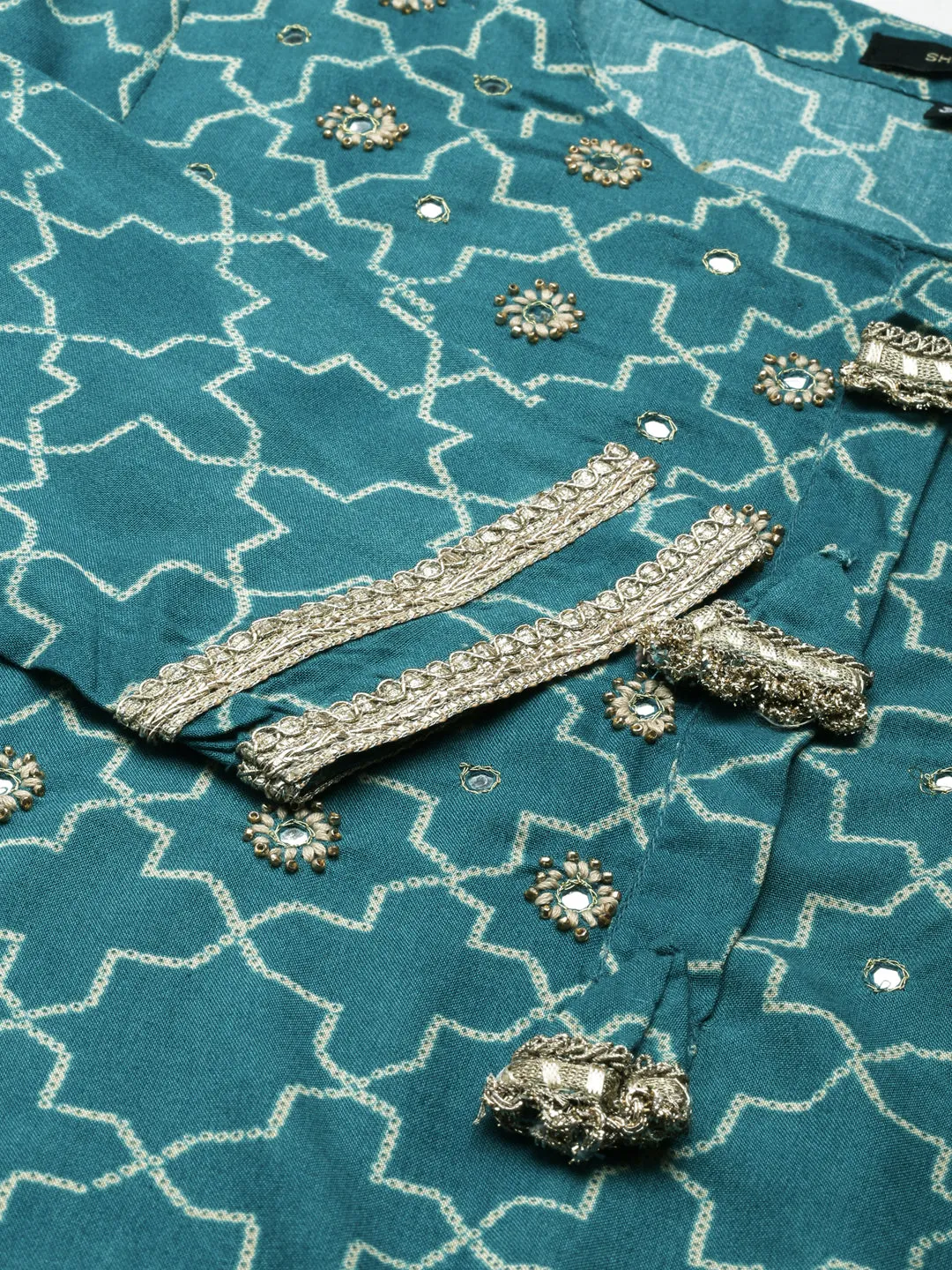 Women Teal Geometric Printed Sequinned Straight Kurta Set With Dupatta