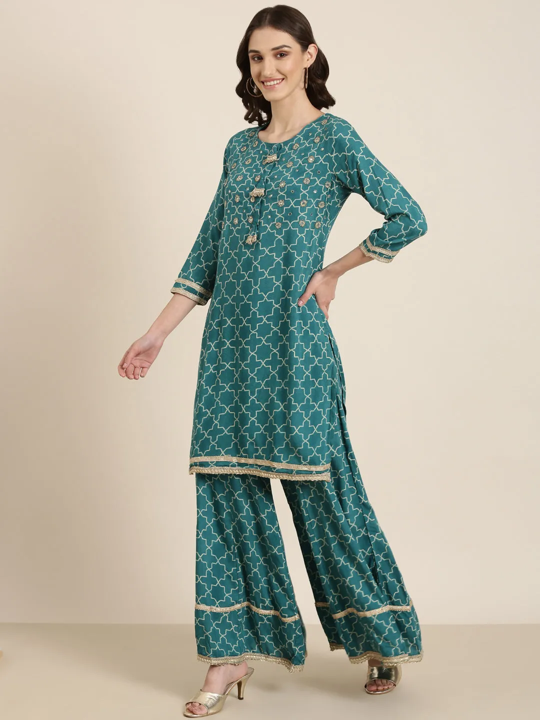 Women Teal Geometric Printed Sequinned Straight Kurta Set With Dupatta