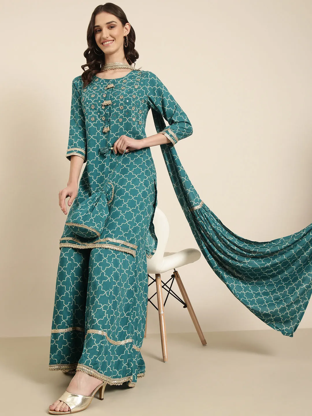 Women Teal Geometric Printed Sequinned Straight Kurta Set With Dupatta