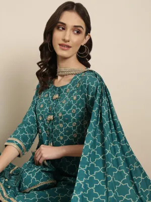 Women Teal Geometric Printed Sequinned Straight Kurta Set With Dupatta