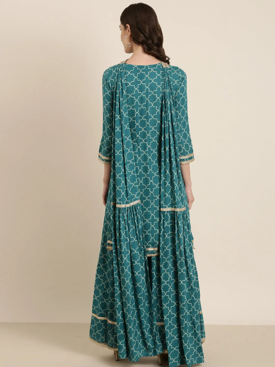 Women Teal Geometric Printed Sequinned Straight Kurta Set With Dupatta