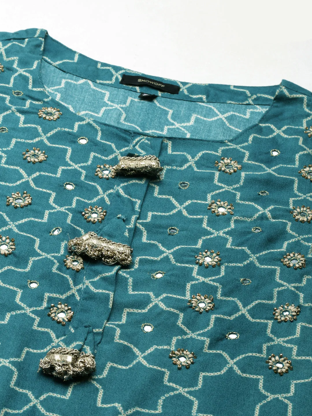 Women Teal Geometric Printed Sequinned Straight Kurta Set With Dupatta