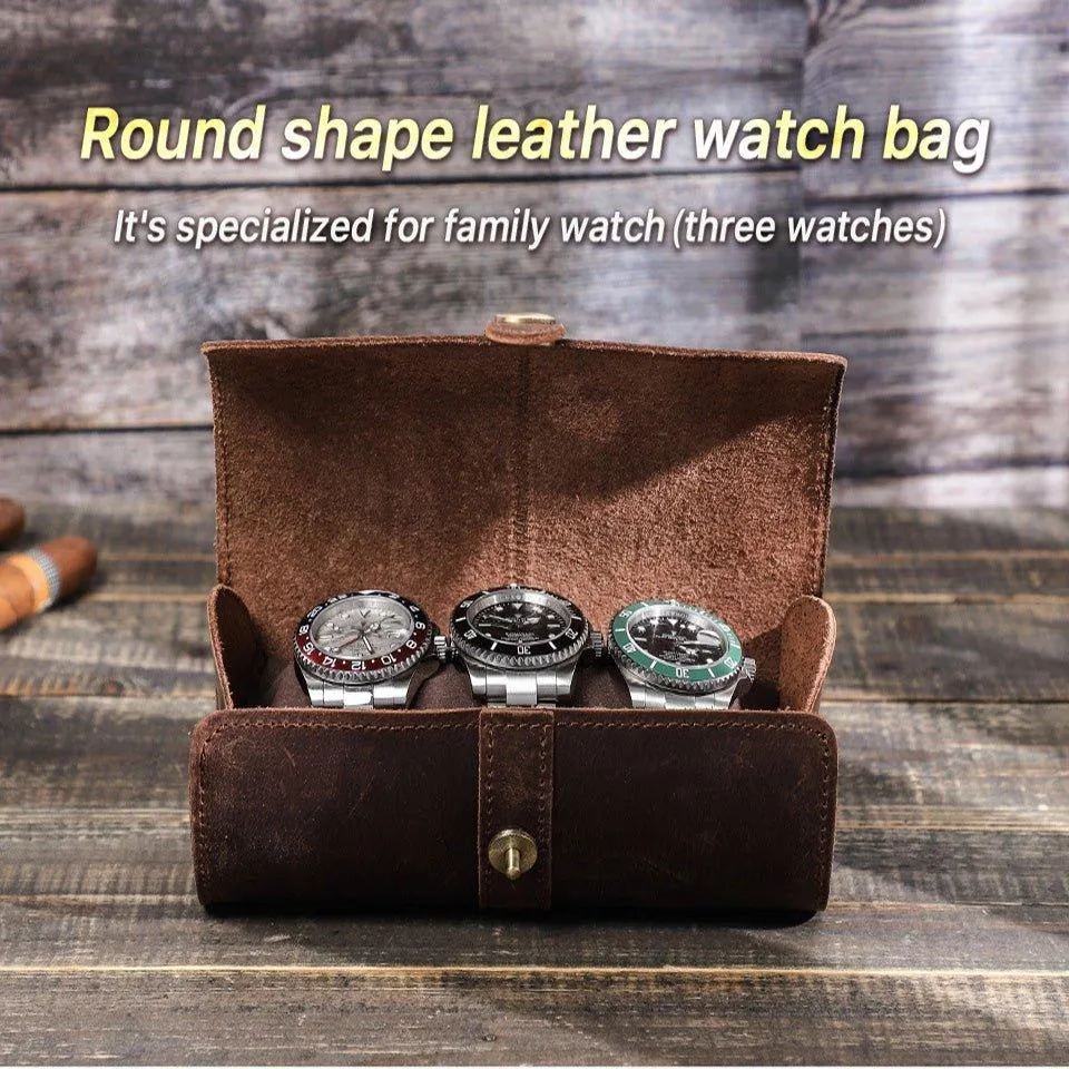 Woosir Round Shape Leather Watch Roll Case for 3 Watches
