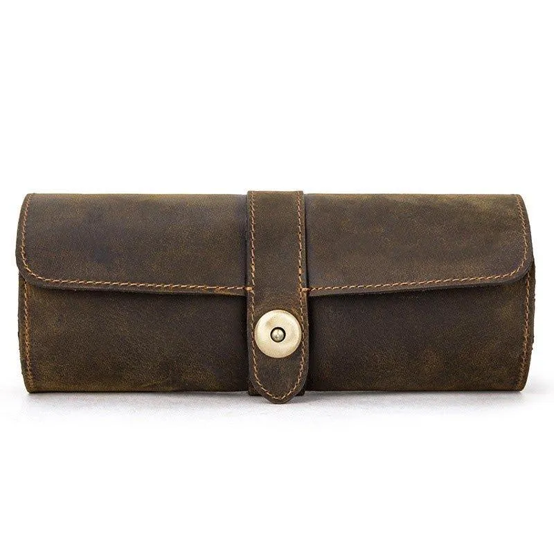Woosir Round Shape Leather Watch Roll Case for 3 Watches
