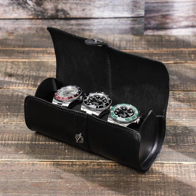 Woosir Round Shape Leather Watch Roll Case for 3 Watches