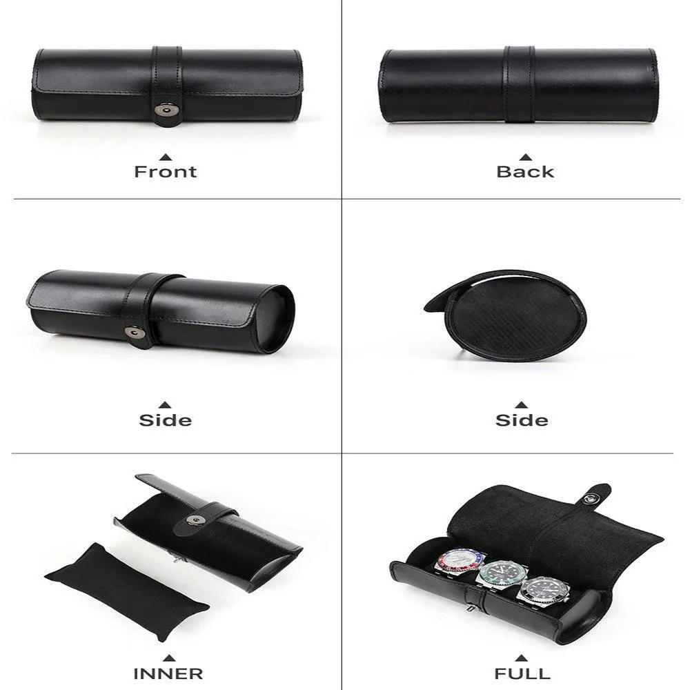 Woosir Round Shape Leather Watch Roll Case for 3 Watches
