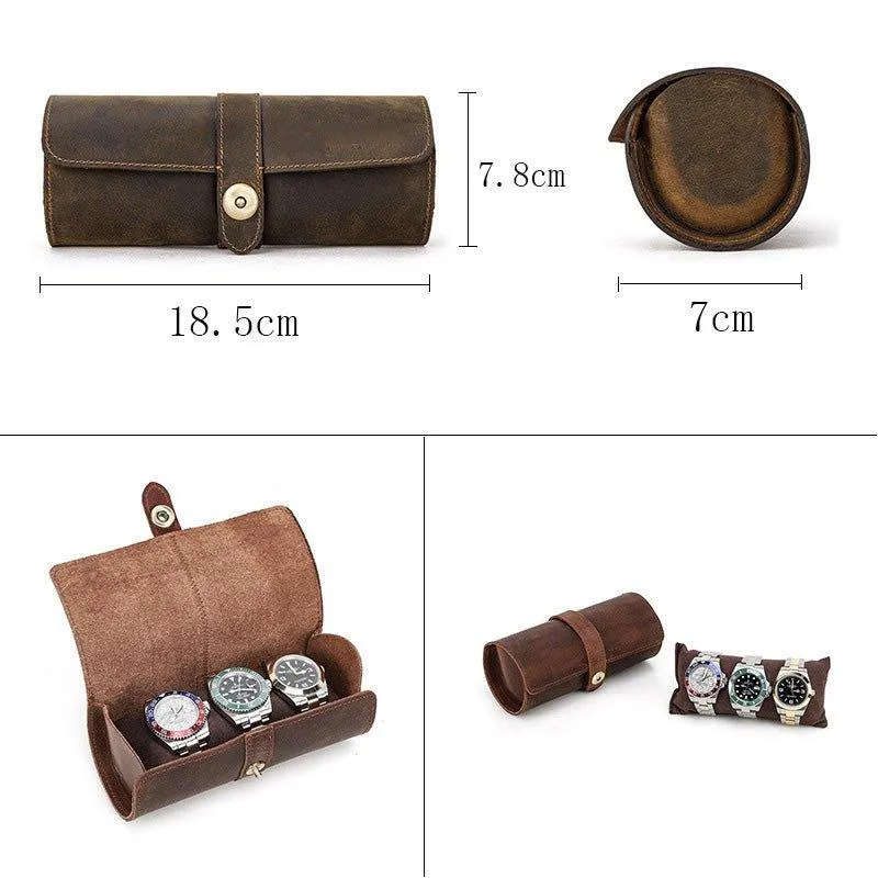 Woosir Round Shape Leather Watch Roll Case for 3 Watches